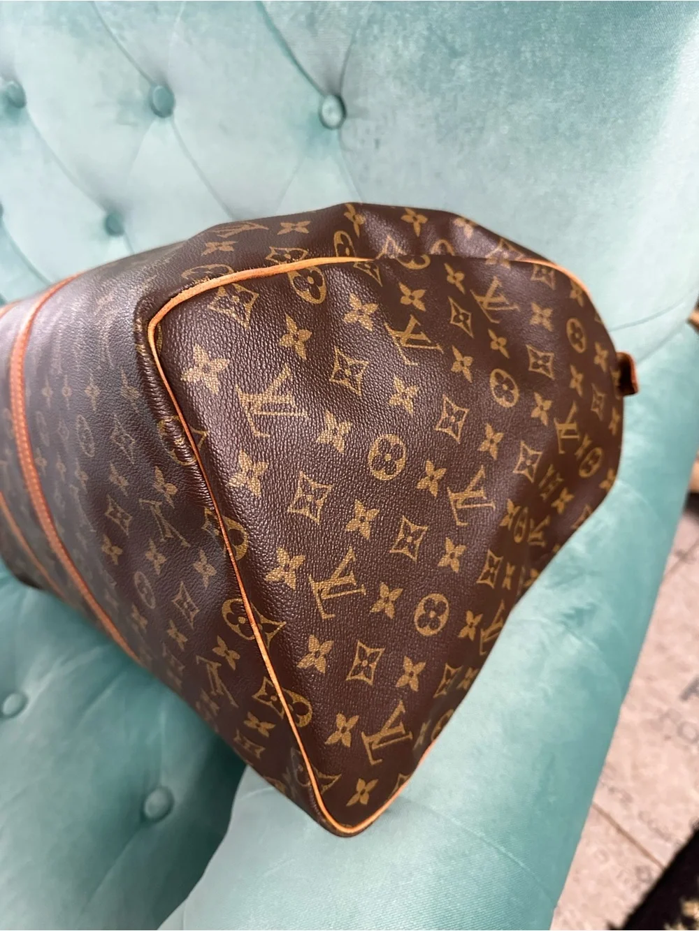 Louis Vuitton Brown Monogram Duffel Bag with Tan Trim